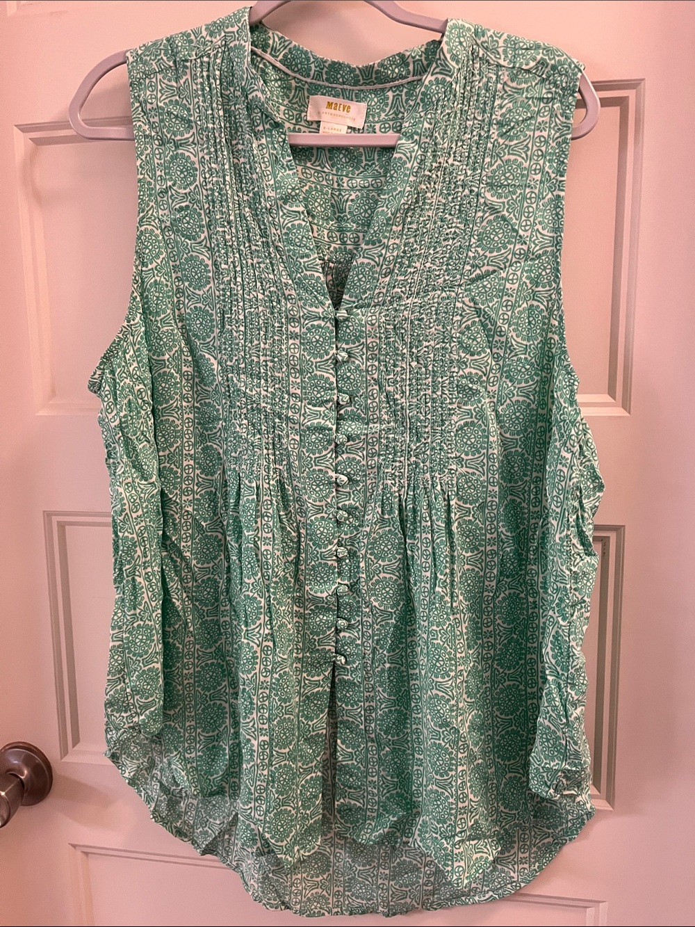 Maeve Mint Green Printed Sleeveless Pintuck Blouse
